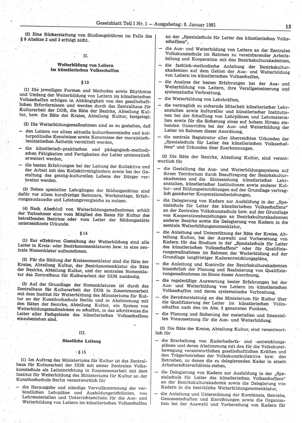 Gesetzblatt (GBl.) der Deutschen Demokratischen Republik (DDR) Teil Ⅰ 1981, Seite 13 (GBl. DDR Ⅰ 1981, S. 13)