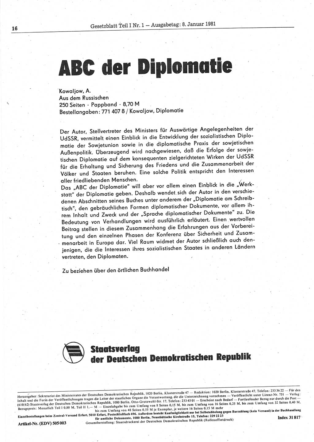 Gesetzblatt (GBl.) der Deutschen Demokratischen Republik (DDR) Teil Ⅰ 1981, Seite 16 (GBl. DDR Ⅰ 1981, S. 16)