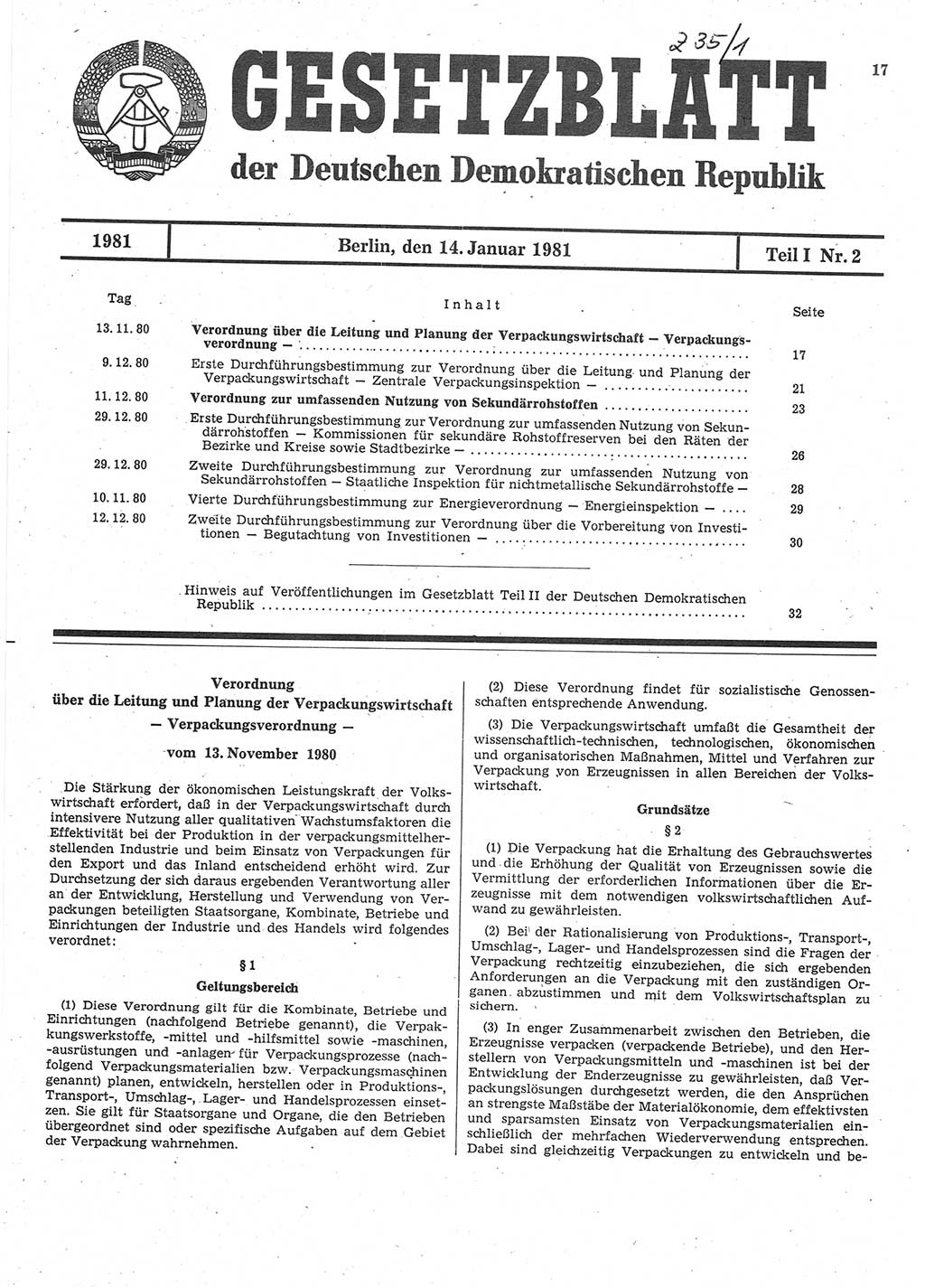Gesetzblatt (GBl.) der Deutschen Demokratischen Republik (DDR) Teil Ⅰ 1981, Seite 17 (GBl. DDR Ⅰ 1981, S. 17)