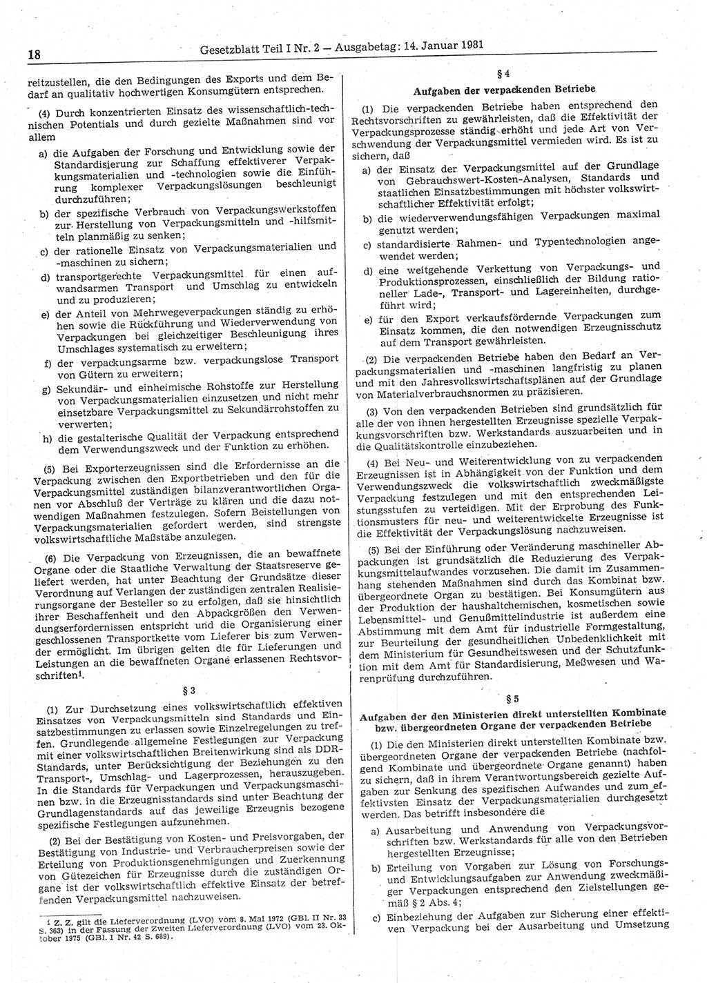 Gesetzblatt (GBl.) der Deutschen Demokratischen Republik (DDR) Teil Ⅰ 1981, Seite 18 (GBl. DDR Ⅰ 1981, S. 18)