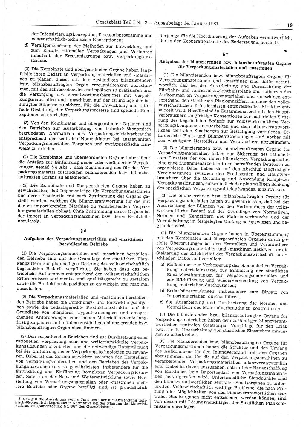 Gesetzblatt (GBl.) der Deutschen Demokratischen Republik (DDR) Teil Ⅰ 1981, Seite 19 (GBl. DDR Ⅰ 1981, S. 19)