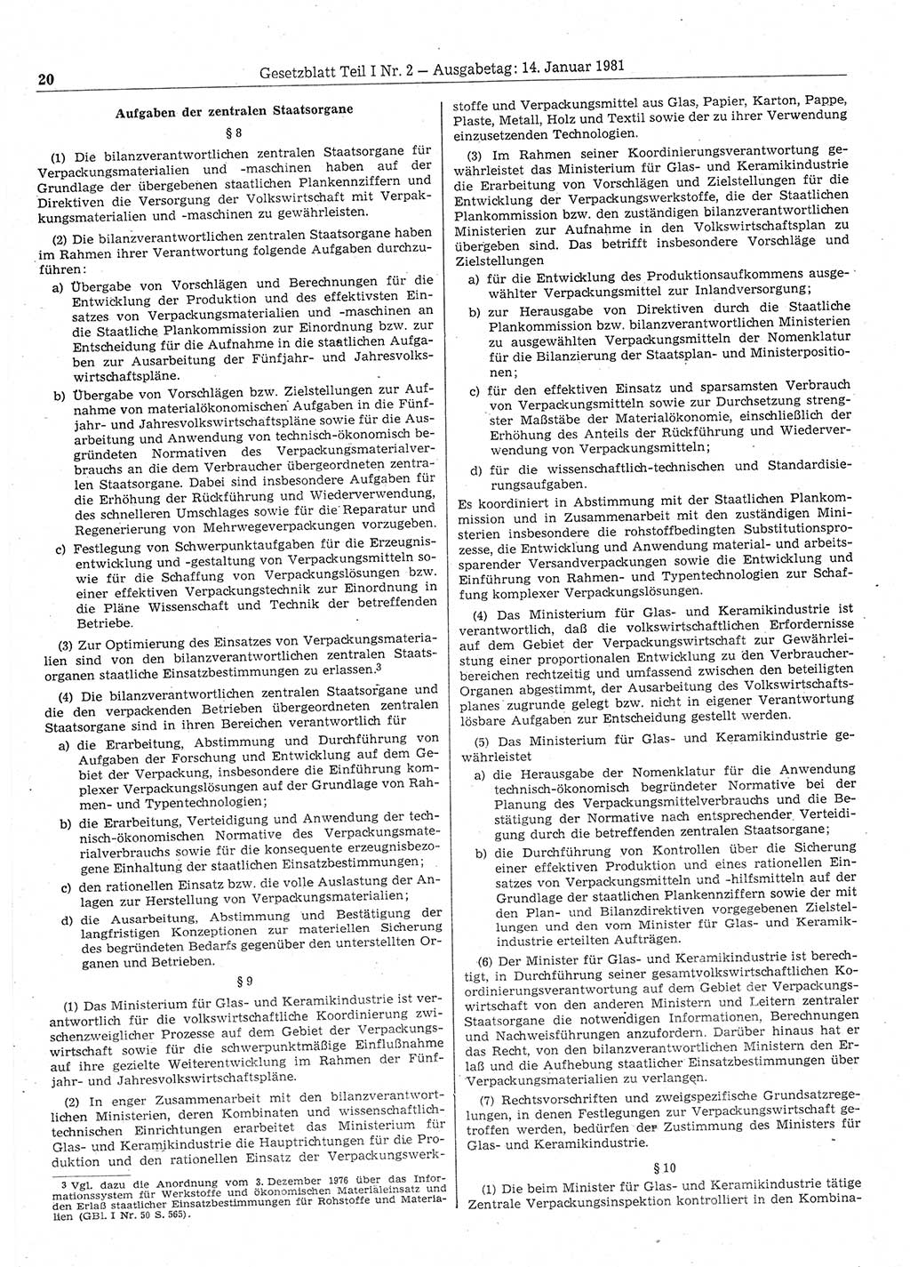 Gesetzblatt (GBl.) der Deutschen Demokratischen Republik (DDR) Teil Ⅰ 1981, Seite 20 (GBl. DDR Ⅰ 1981, S. 20)