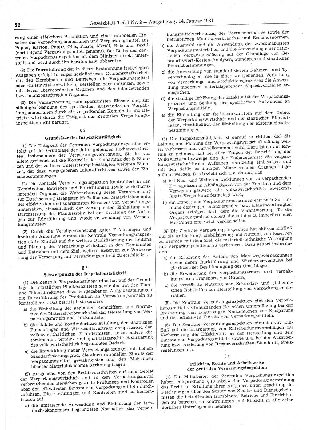 Gesetzblatt (GBl.) der Deutschen Demokratischen Republik (DDR) Teil Ⅰ 1981, Seite 22 (GBl. DDR Ⅰ 1981, S. 22)