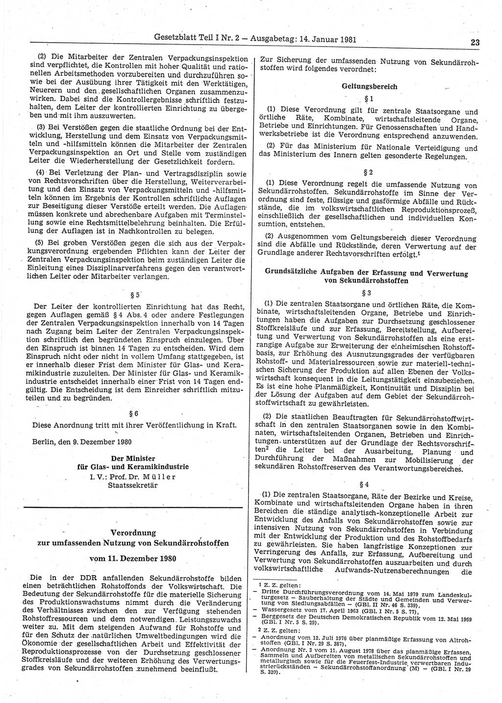 Gesetzblatt (GBl.) der Deutschen Demokratischen Republik (DDR) Teil Ⅰ 1981, Seite 23 (GBl. DDR Ⅰ 1981, S. 23)