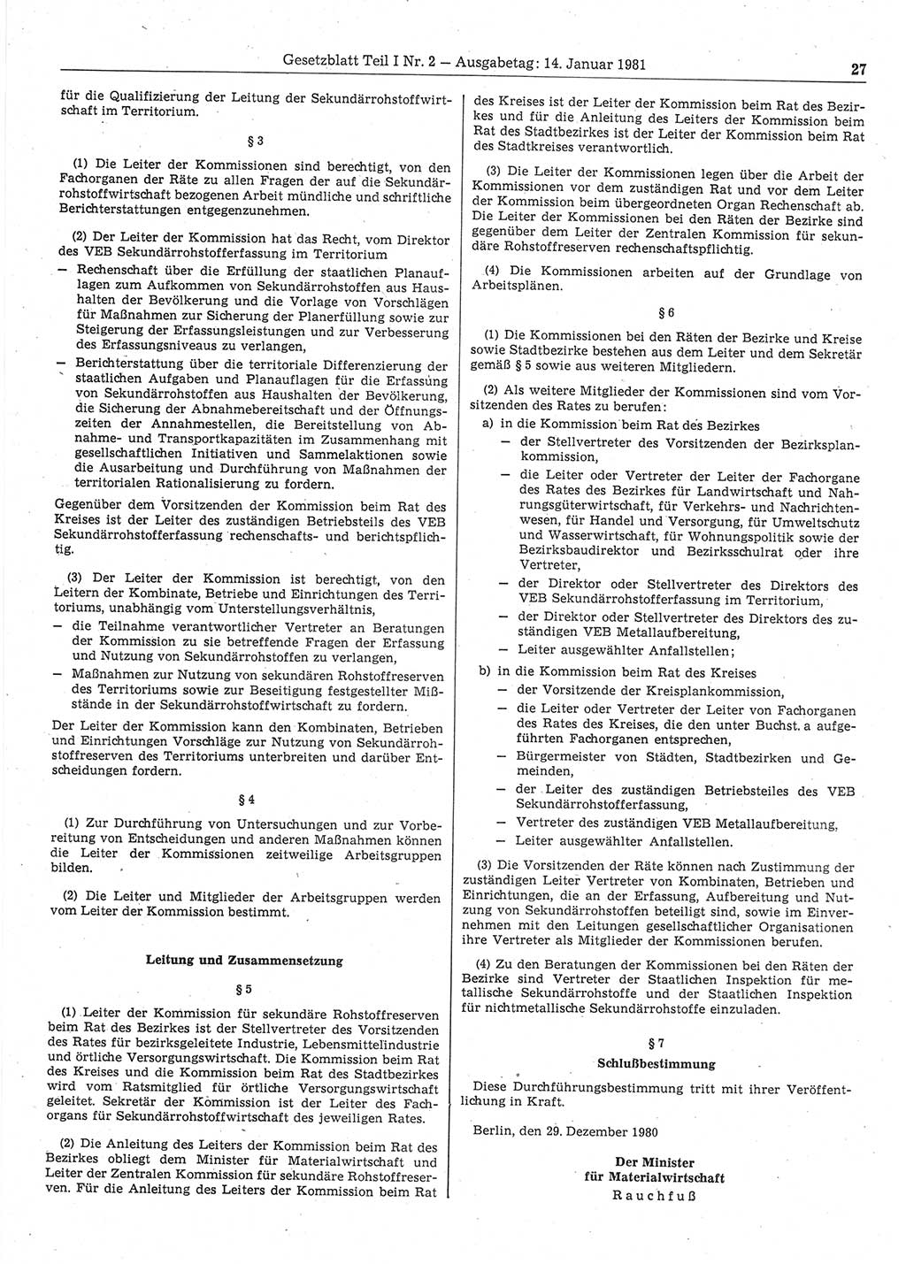 Gesetzblatt (GBl.) der Deutschen Demokratischen Republik (DDR) Teil Ⅰ 1981, Seite 27 (GBl. DDR Ⅰ 1981, S. 27)