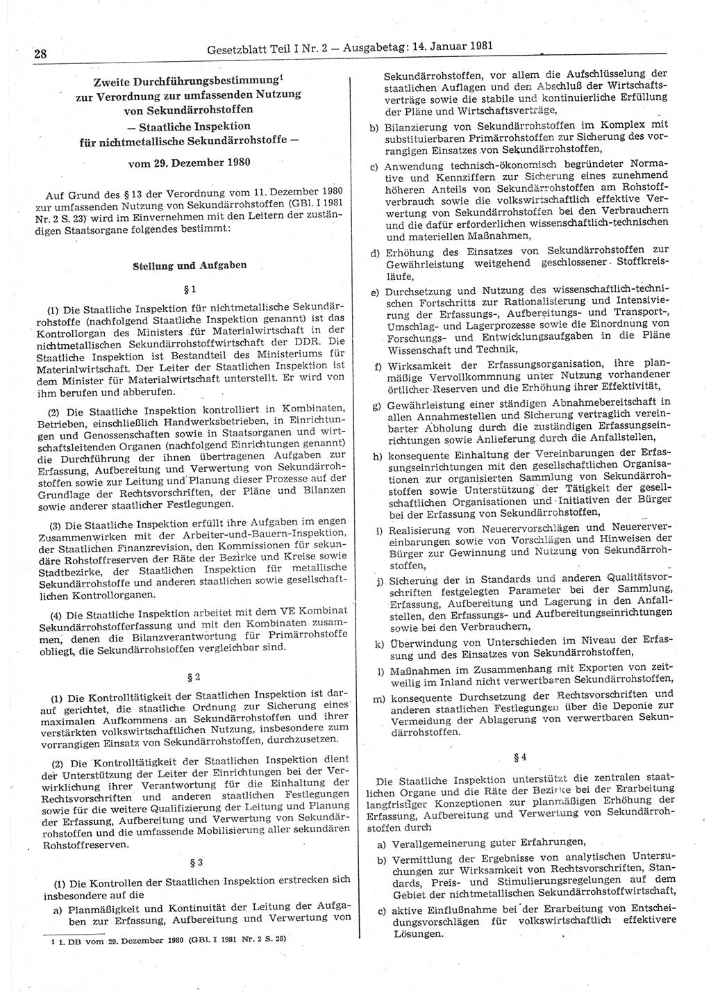 Gesetzblatt (GBl.) der Deutschen Demokratischen Republik (DDR) Teil Ⅰ 1981, Seite 28 (GBl. DDR Ⅰ 1981, S. 28)