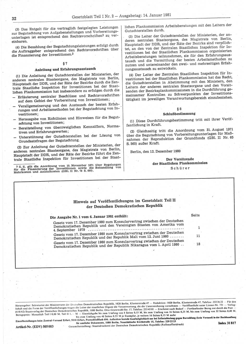 Gesetzblatt (GBl.) der Deutschen Demokratischen Republik (DDR) Teil Ⅰ 1981, Seite 32 (GBl. DDR Ⅰ 1981, S. 32)