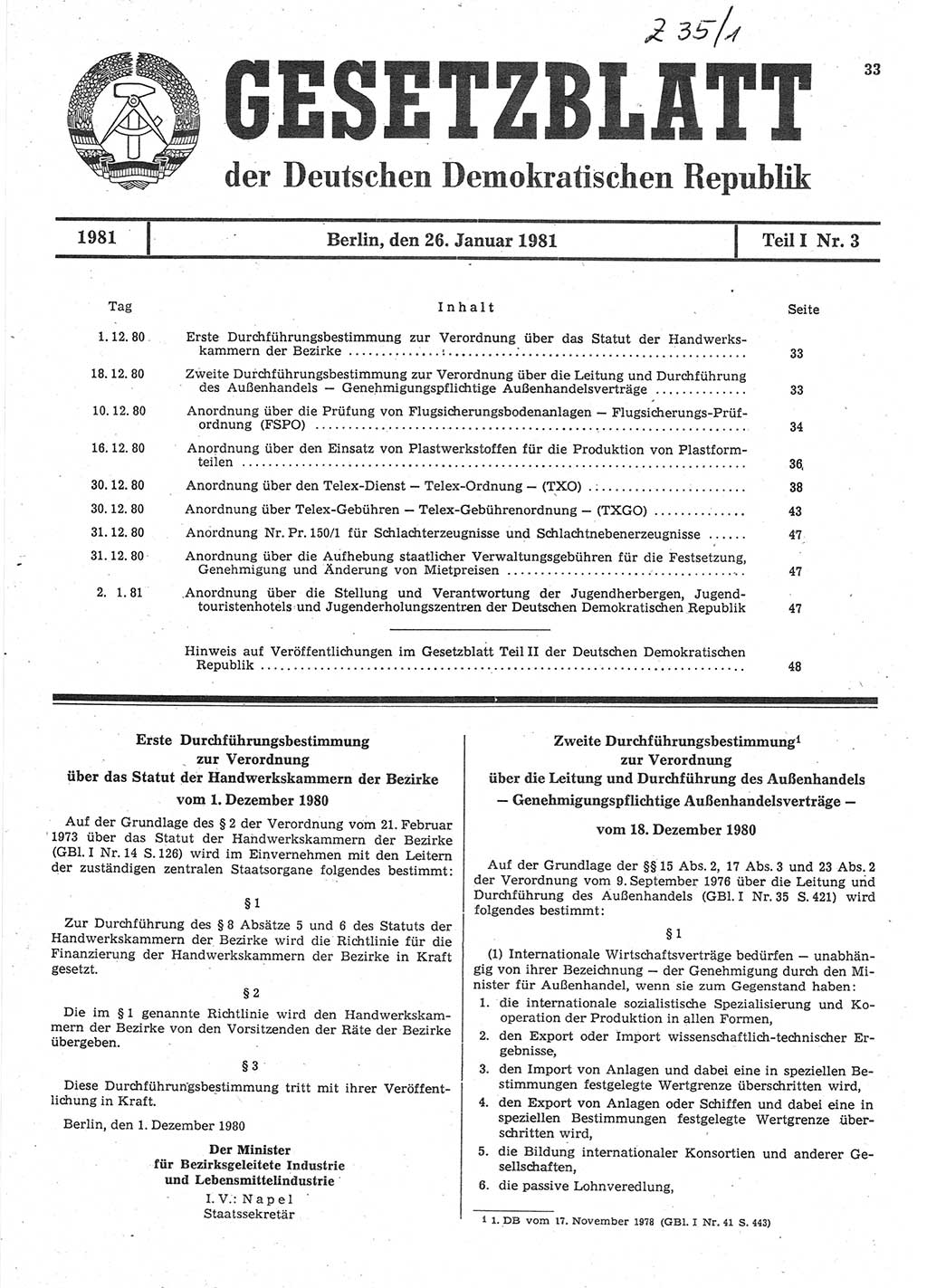 Gesetzblatt (GBl.) der Deutschen Demokratischen Republik (DDR) Teil Ⅰ 1981, Seite 33 (GBl. DDR Ⅰ 1981, S. 33)