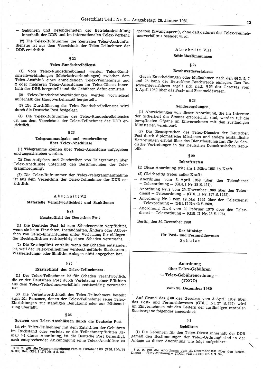 Gesetzblatt (GBl.) der Deutschen Demokratischen Republik (DDR) Teil Ⅰ 1981, Seite 43 (GBl. DDR Ⅰ 1981, S. 43)