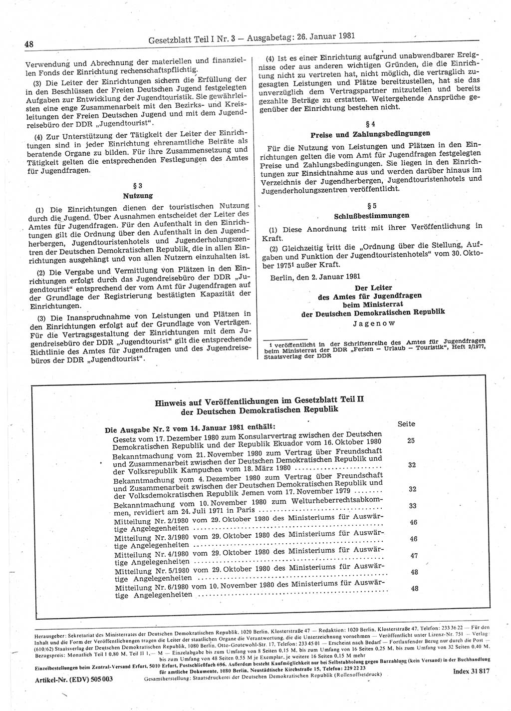 Gesetzblatt (GBl.) der Deutschen Demokratischen Republik (DDR) Teil Ⅰ 1981, Seite 48 (GBl. DDR Ⅰ 1981, S. 48)