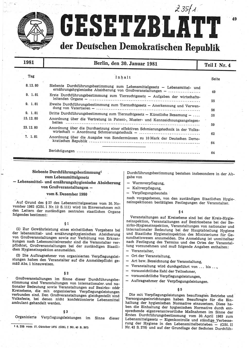 Gesetzblatt (GBl.) der Deutschen Demokratischen Republik (DDR) Teil Ⅰ 1981, Seite 49 (GBl. DDR Ⅰ 1981, S. 49)