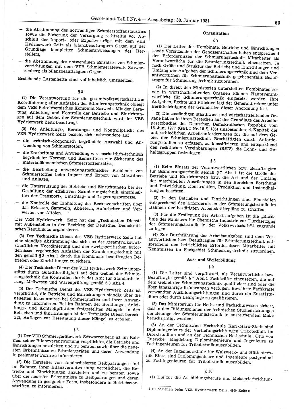 Gesetzblatt (GBl.) der Deutschen Demokratischen Republik (DDR) Teil Ⅰ 1981, Seite 63 (GBl. DDR Ⅰ 1981, S. 63)