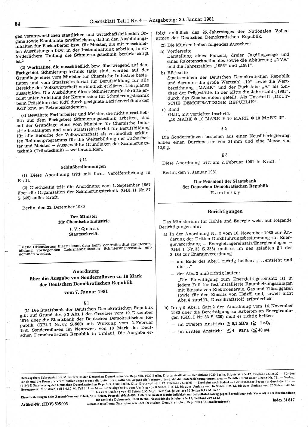 Gesetzblatt (GBl.) der Deutschen Demokratischen Republik (DDR) Teil Ⅰ 1981, Seite 64 (GBl. DDR Ⅰ 1981, S. 64)