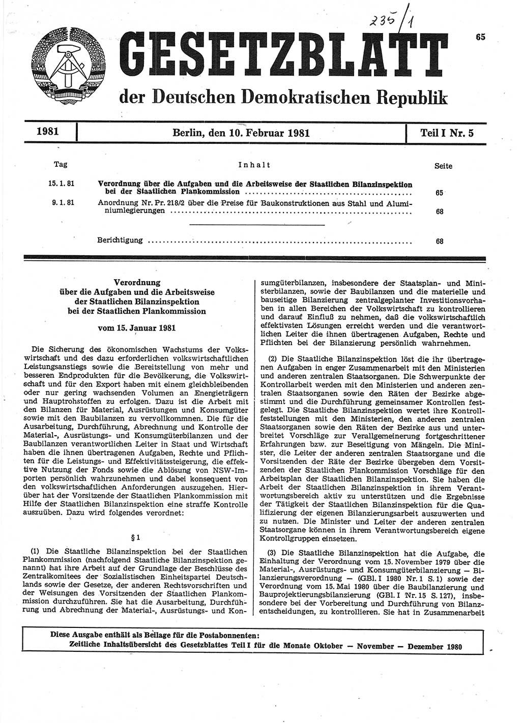 Gesetzblatt (GBl.) der Deutschen Demokratischen Republik (DDR) Teil Ⅰ 1981, Seite 65 (GBl. DDR Ⅰ 1981, S. 65)