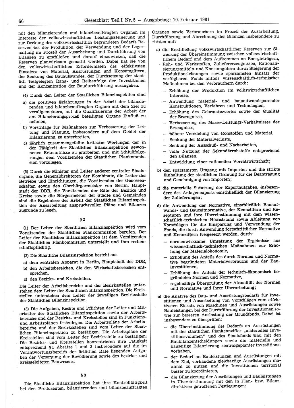 Gesetzblatt (GBl.) der Deutschen Demokratischen Republik (DDR) Teil Ⅰ 1981, Seite 66 (GBl. DDR Ⅰ 1981, S. 66)