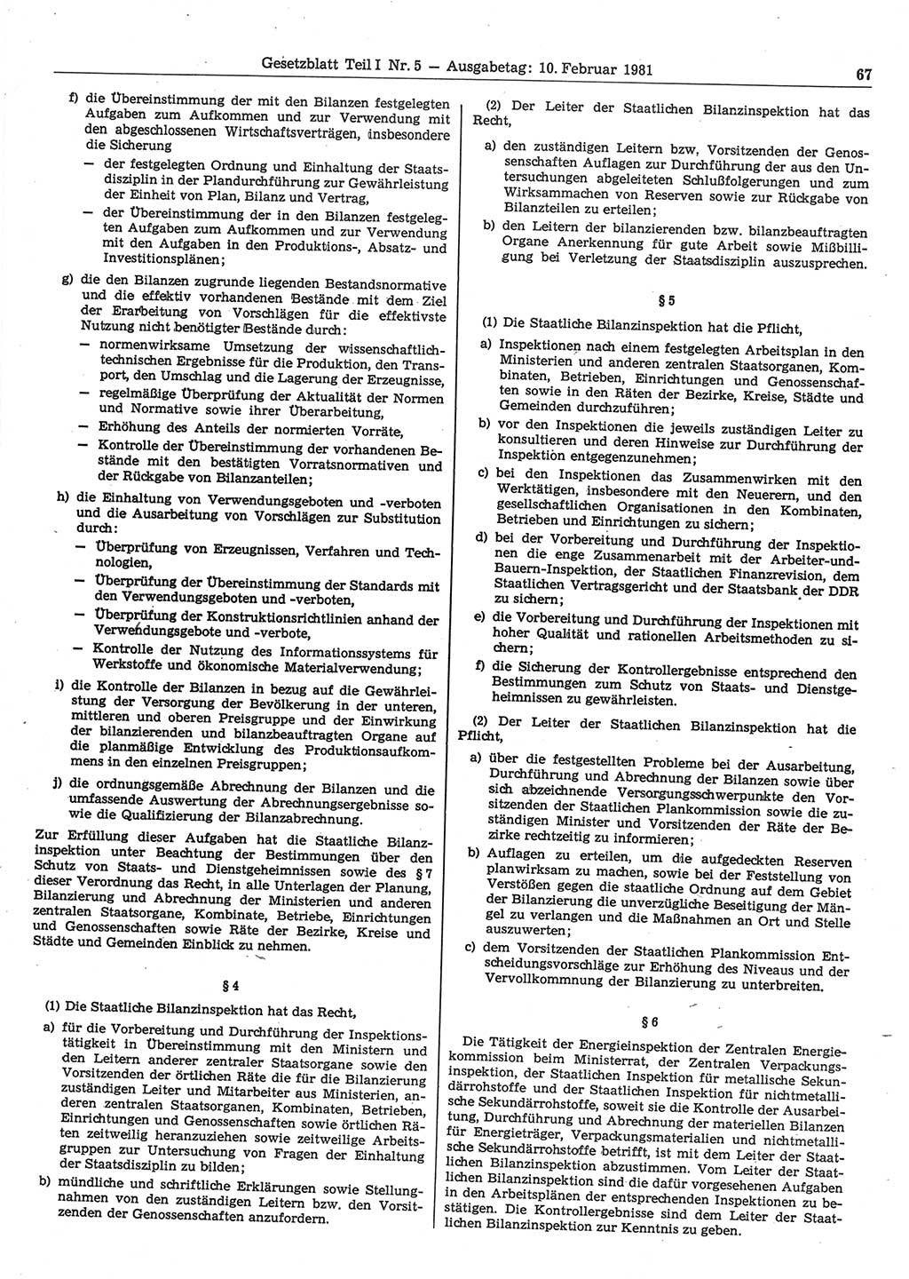 Gesetzblatt (GBl.) der Deutschen Demokratischen Republik (DDR) Teil Ⅰ 1981, Seite 67 (GBl. DDR Ⅰ 1981, S. 67)
