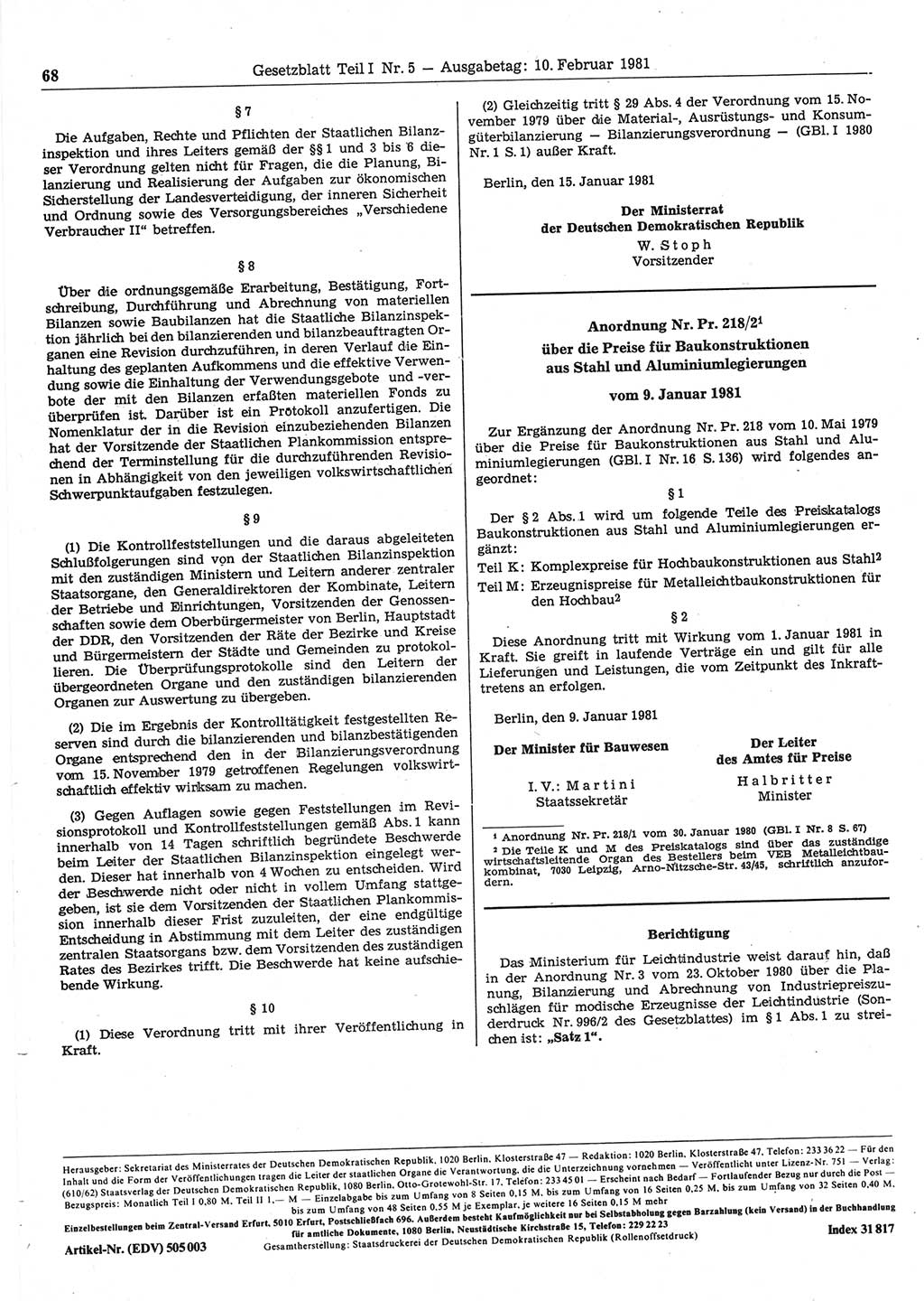 Gesetzblatt (GBl.) der Deutschen Demokratischen Republik (DDR) Teil Ⅰ 1981, Seite 68 (GBl. DDR Ⅰ 1981, S. 68)