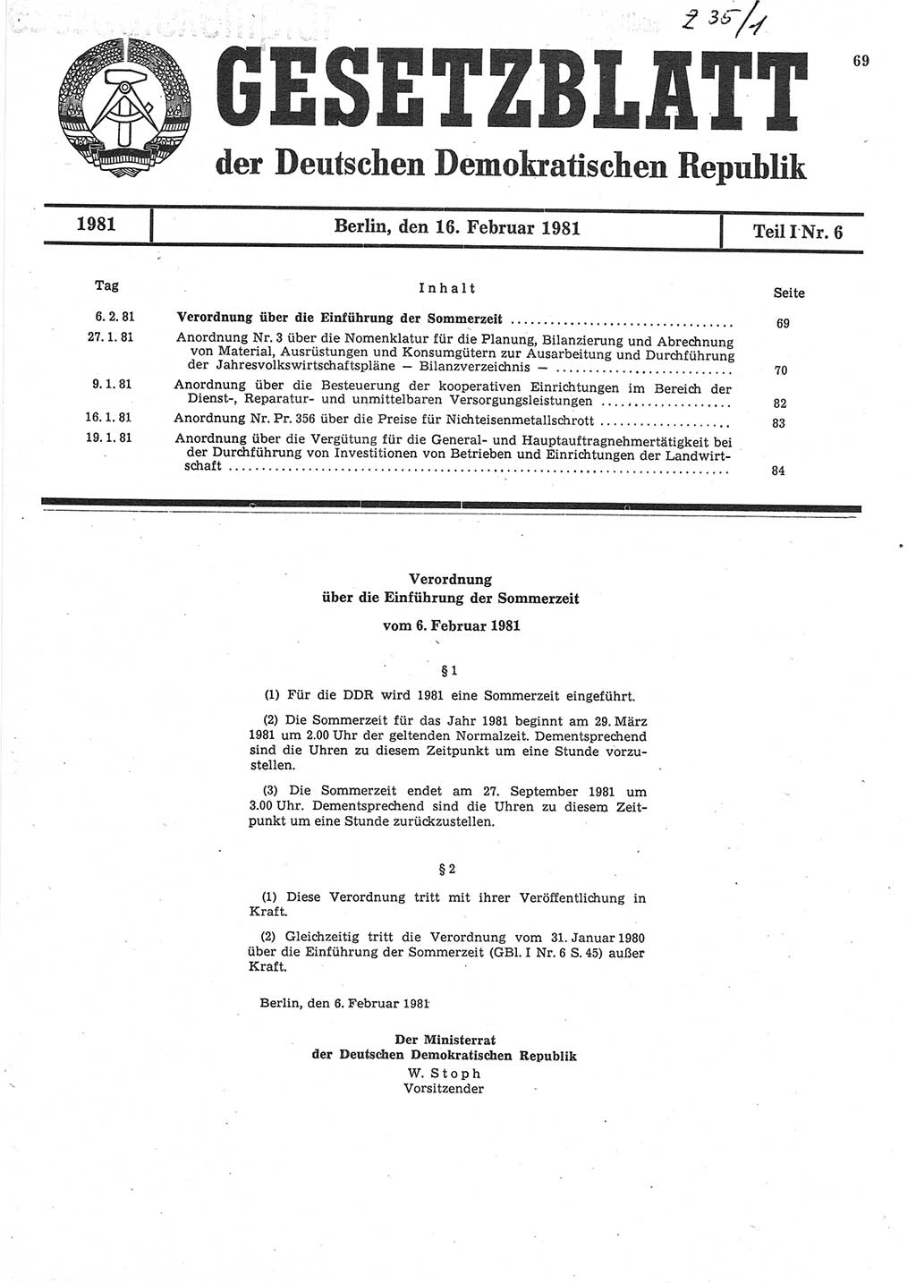 Gesetzblatt (GBl.) der Deutschen Demokratischen Republik (DDR) Teil Ⅰ 1981, Seite 69 (GBl. DDR Ⅰ 1981, S. 69)