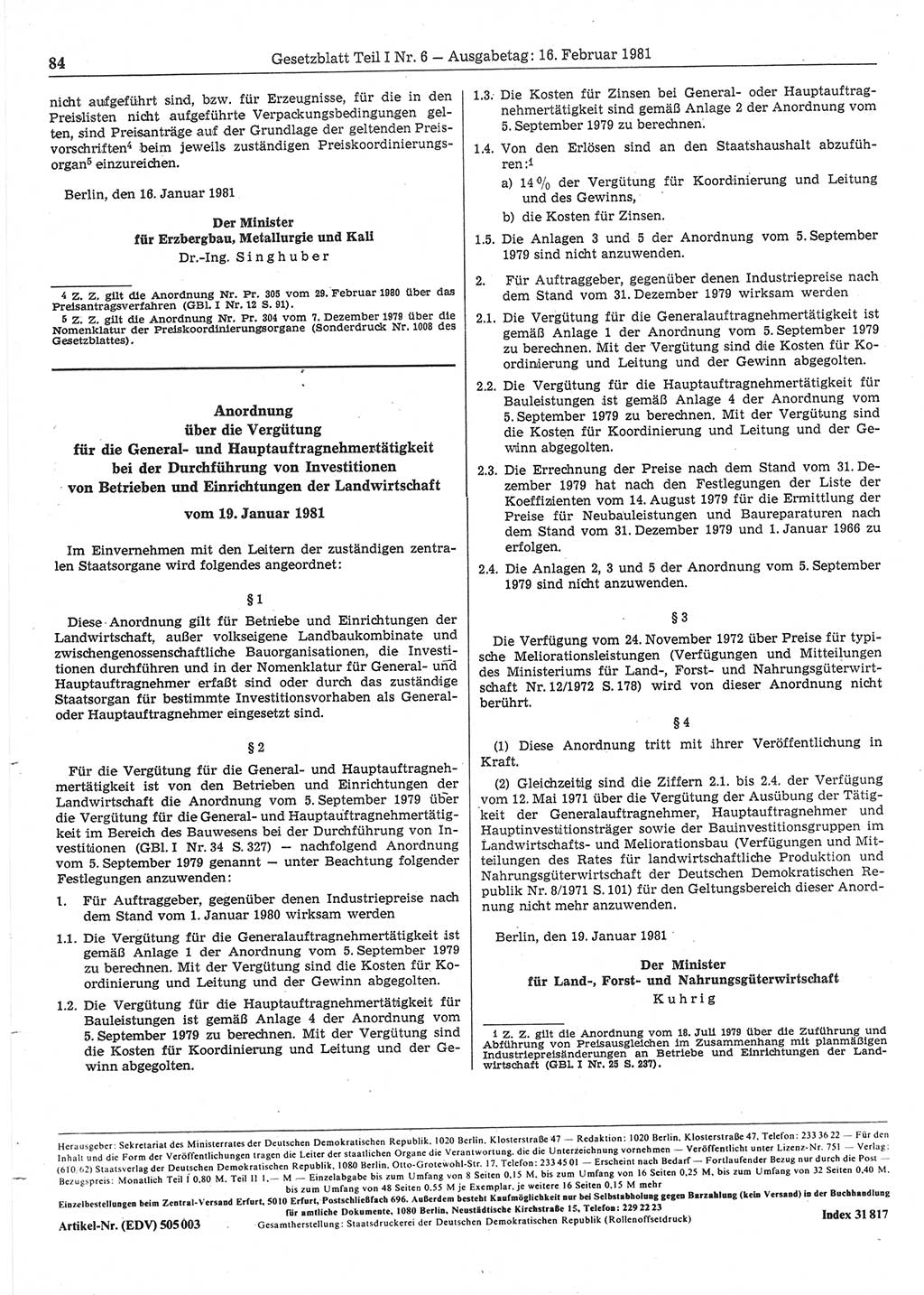 Gesetzblatt (GBl.) der Deutschen Demokratischen Republik (DDR) Teil Ⅰ 1981, Seite 84 (GBl. DDR Ⅰ 1981, S. 84)