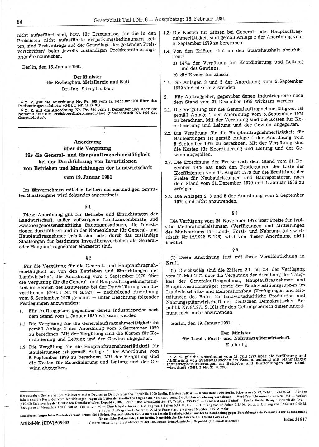 Gesetzblatt (GBl.) der Deutschen Demokratischen Republik (DDR) Teil Ⅰ 1981, Seite 84 (GBl. DDR Ⅰ 1981, S. 84)