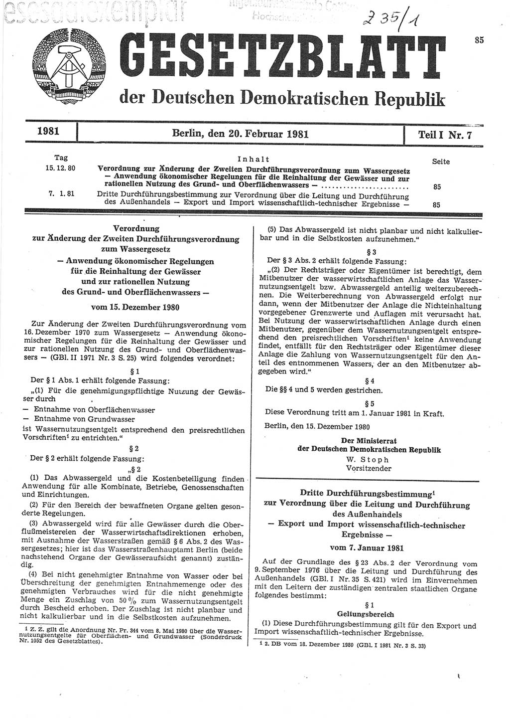 Gesetzblatt (GBl.) der Deutschen Demokratischen Republik (DDR) Teil Ⅰ 1981, Seite 85 (GBl. DDR Ⅰ 1981, S. 85)