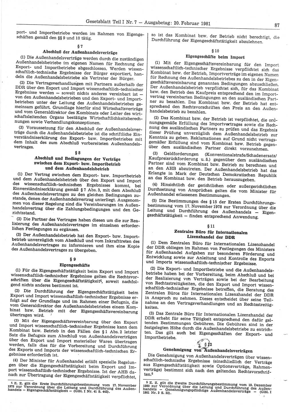 Gesetzblatt (GBl.) der Deutschen Demokratischen Republik (DDR) Teil Ⅰ 1981, Seite 87 (GBl. DDR Ⅰ 1981, S. 87)
