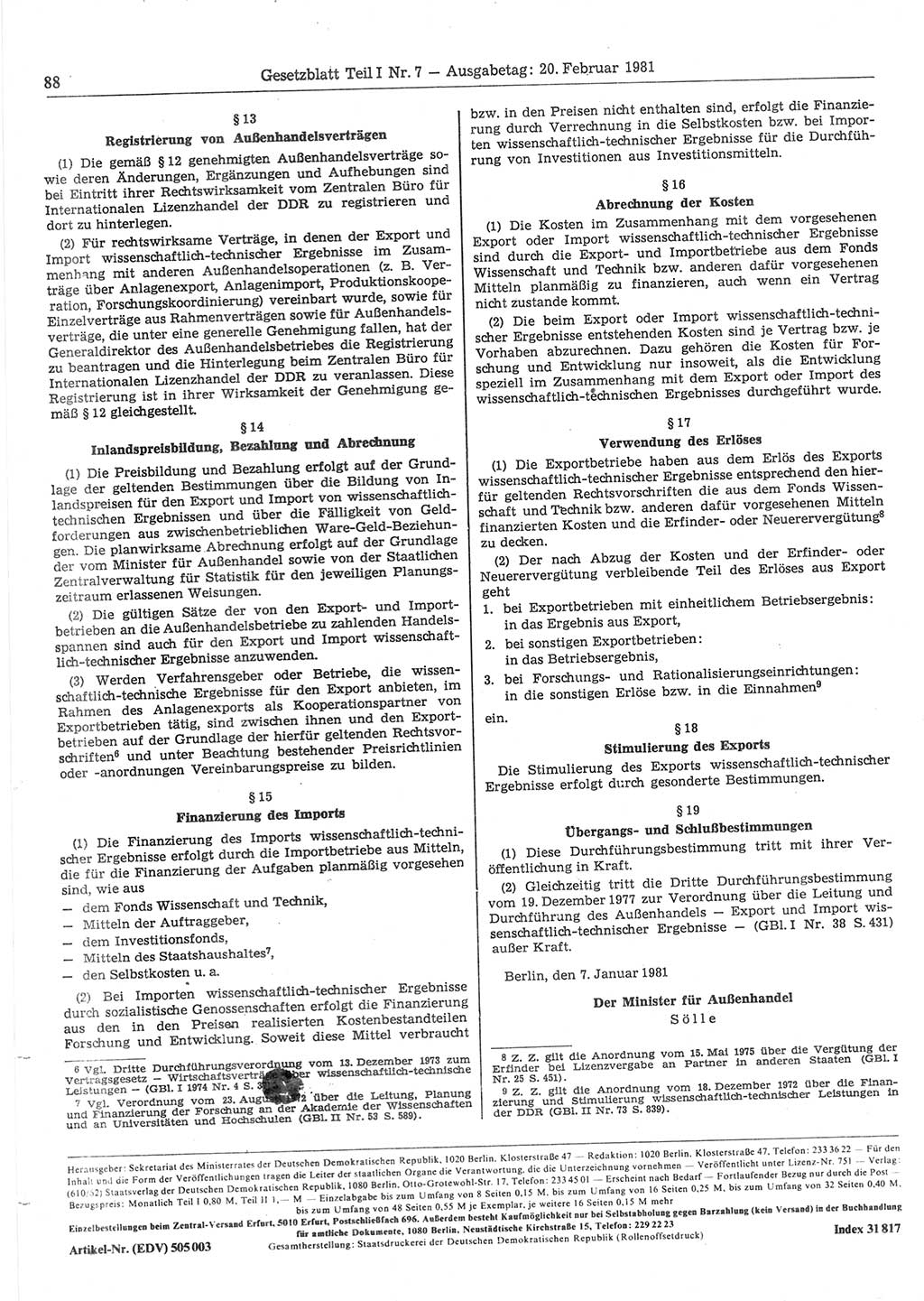 Gesetzblatt (GBl.) der Deutschen Demokratischen Republik (DDR) Teil Ⅰ 1981, Seite 88 (GBl. DDR Ⅰ 1981, S. 88)