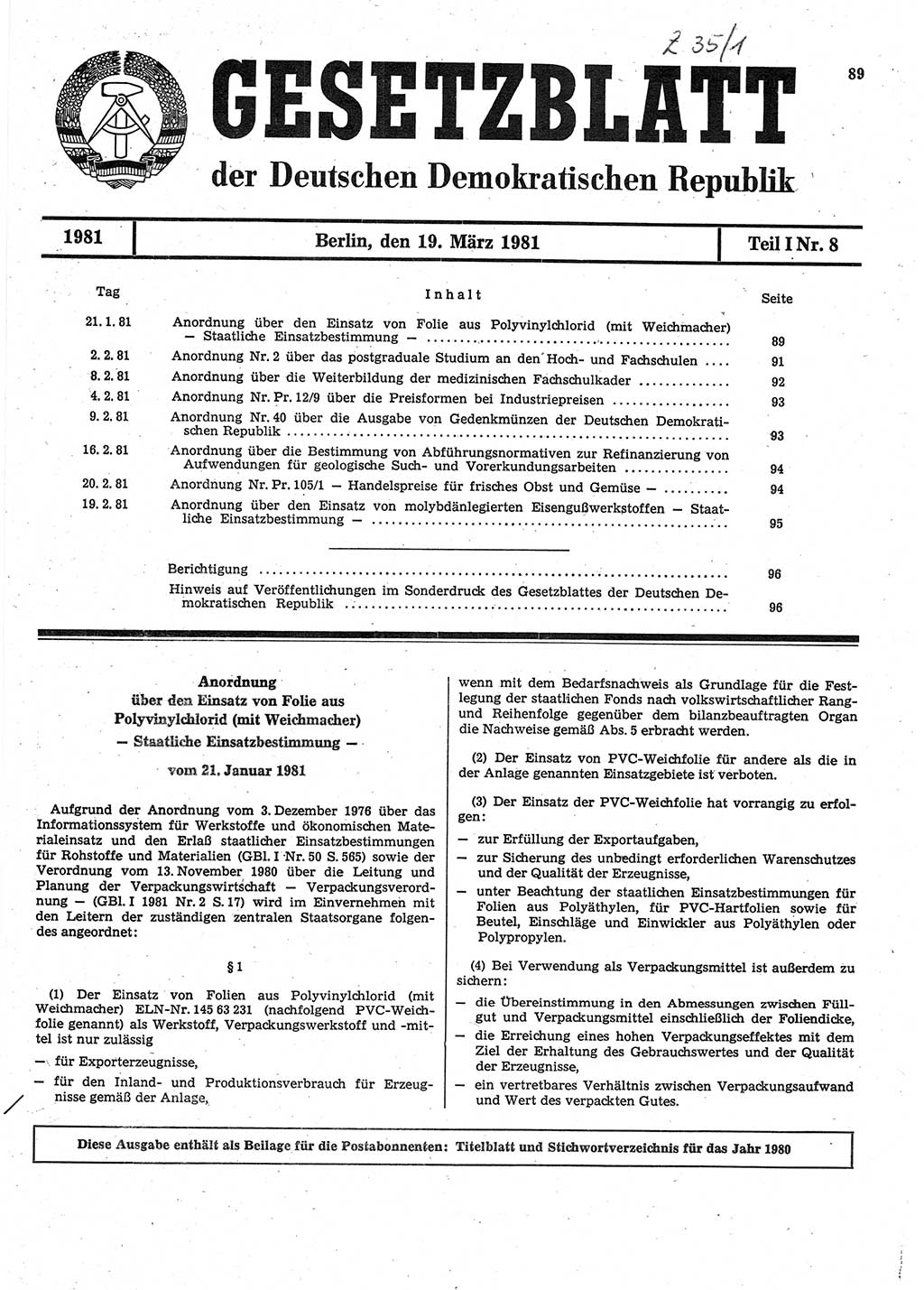 Gesetzblatt (GBl.) der Deutschen Demokratischen Republik (DDR) Teil Ⅰ 1981, Seite 89 (GBl. DDR Ⅰ 1981, S. 89)