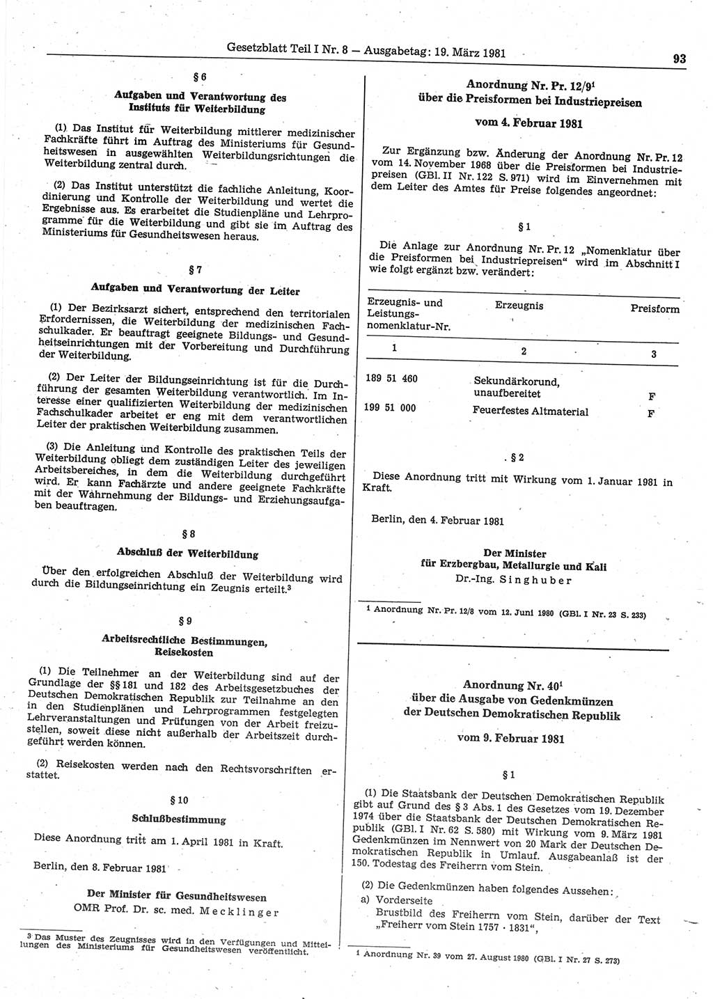 Gesetzblatt (GBl.) der Deutschen Demokratischen Republik (DDR) Teil Ⅰ 1981, Seite 93 (GBl. DDR Ⅰ 1981, S. 93)