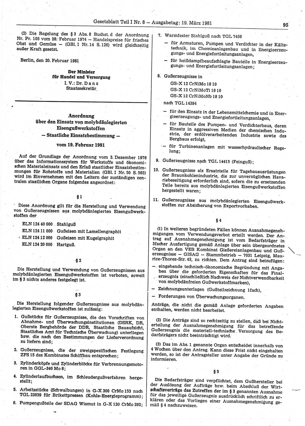 Gesetzblatt (GBl.) der Deutschen Demokratischen Republik (DDR) Teil Ⅰ 1981, Seite 95 (GBl. DDR Ⅰ 1981, S. 95)