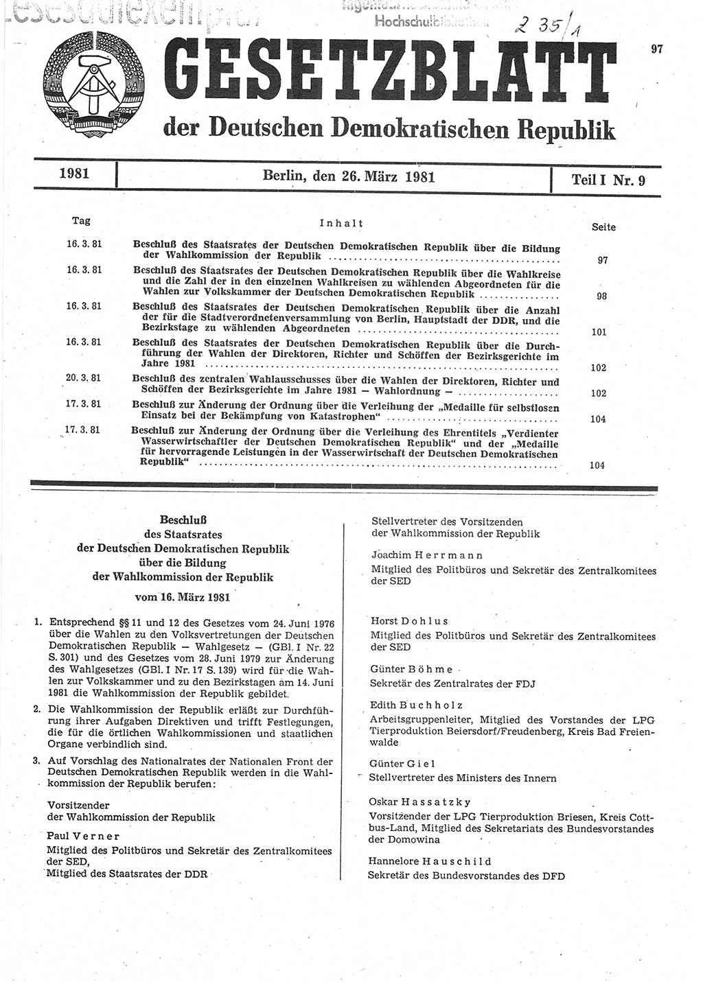 Gesetzblatt (GBl.) der Deutschen Demokratischen Republik (DDR) Teil Ⅰ 1981, Seite 97 (GBl. DDR Ⅰ 1981, S. 97)
