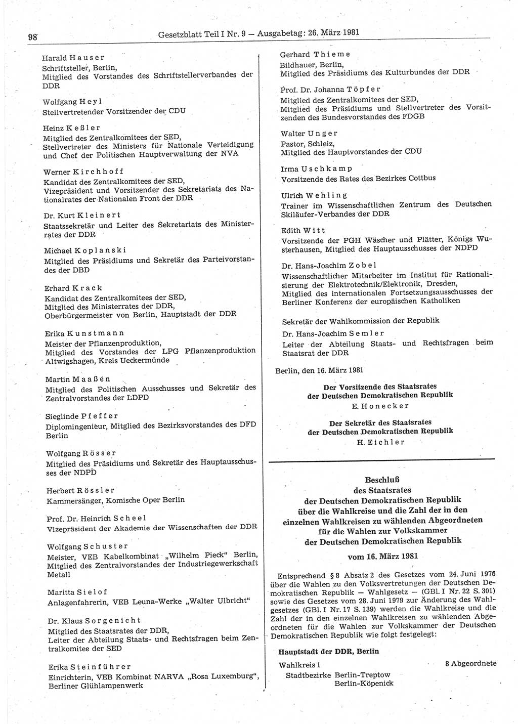 Gesetzblatt (GBl.) der Deutschen Demokratischen Republik (DDR) Teil Ⅰ 1981, Seite 98 (GBl. DDR Ⅰ 1981, S. 98)