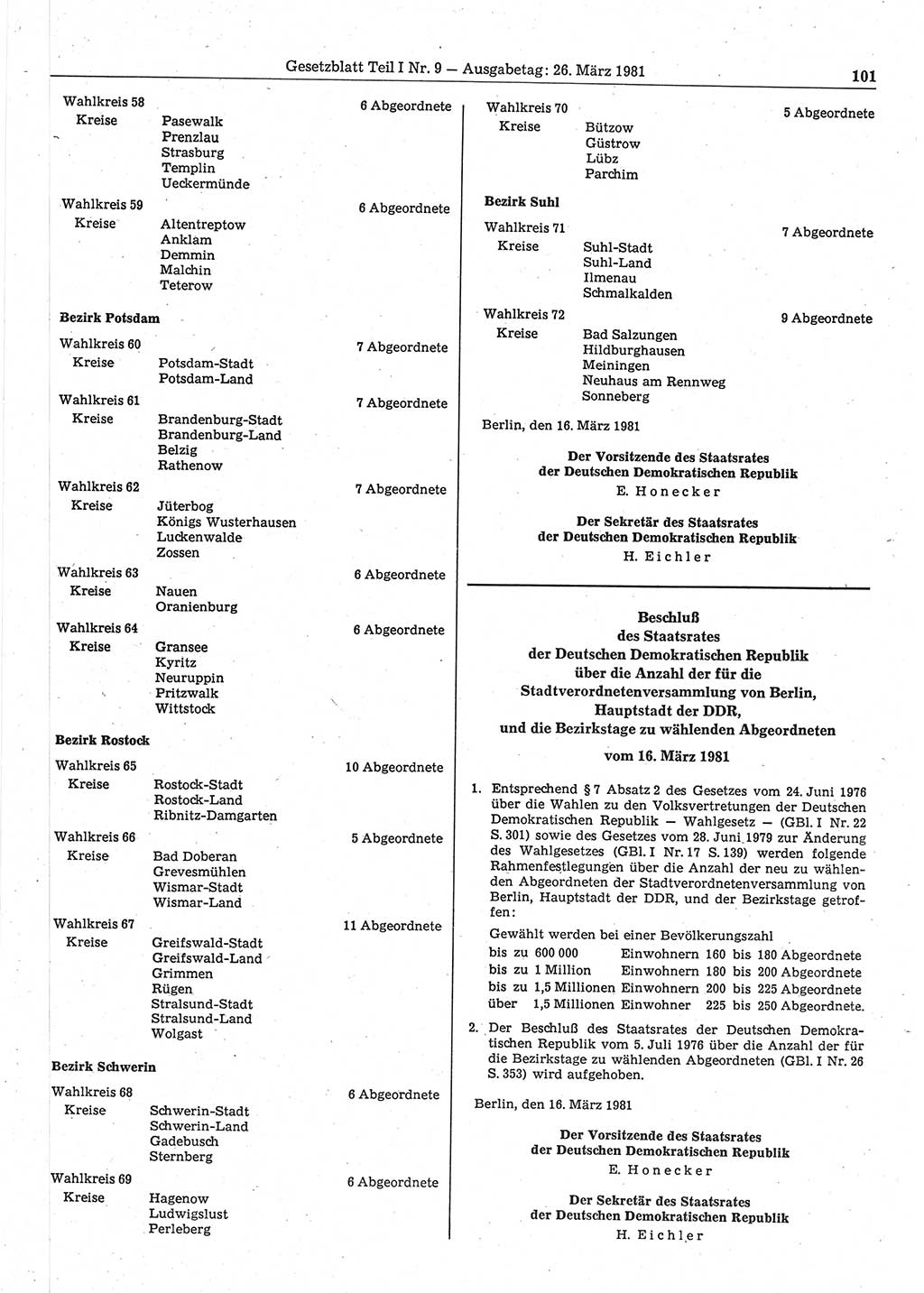 Gesetzblatt (GBl.) der Deutschen Demokratischen Republik (DDR) Teil Ⅰ 1981, Seite 101 (GBl. DDR Ⅰ 1981, S. 101)