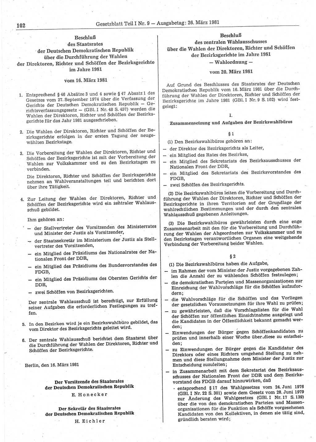Gesetzblatt (GBl.) der Deutschen Demokratischen Republik (DDR) Teil Ⅰ 1981, Seite 102 (GBl. DDR Ⅰ 1981, S. 102)