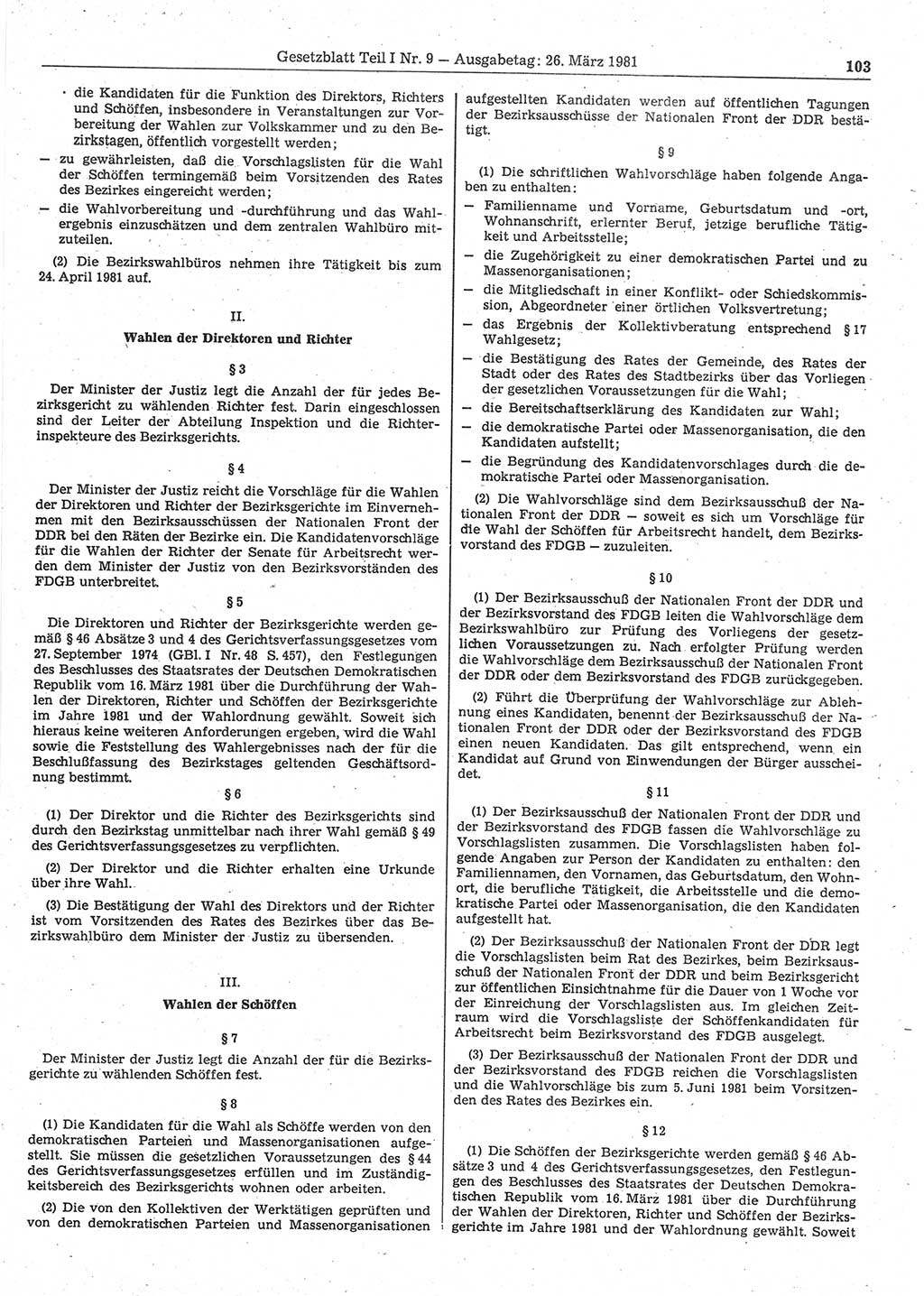 Gesetzblatt (GBl.) der Deutschen Demokratischen Republik (DDR) Teil Ⅰ 1981, Seite 103 (GBl. DDR Ⅰ 1981, S. 103)