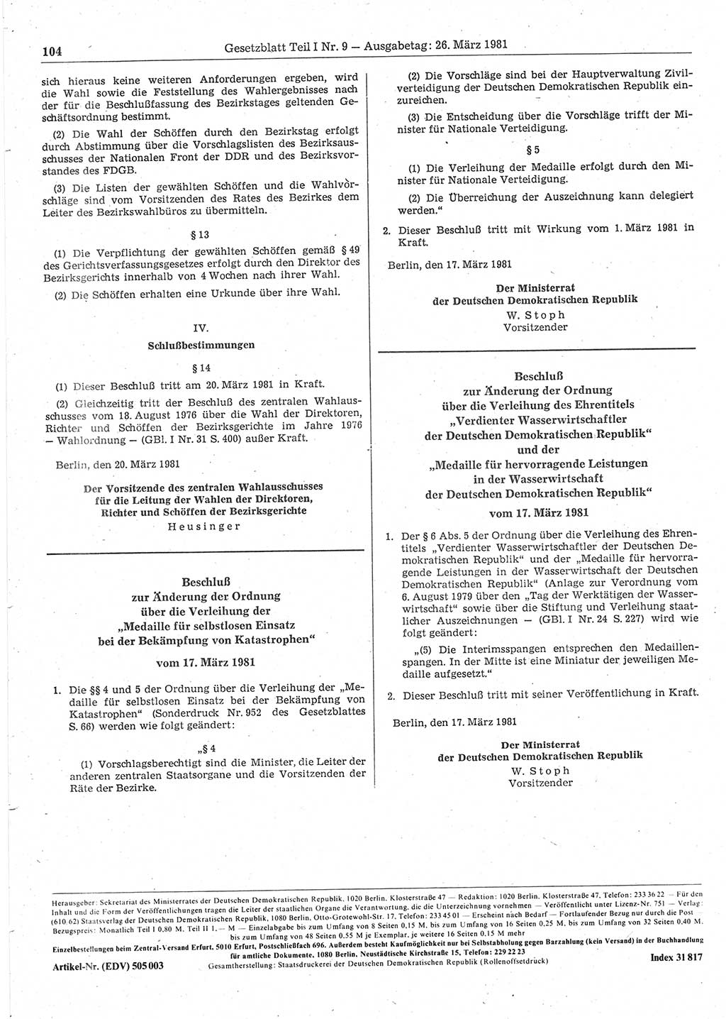 Gesetzblatt (GBl.) der Deutschen Demokratischen Republik (DDR) Teil Ⅰ 1981, Seite 104 (GBl. DDR Ⅰ 1981, S. 104)
