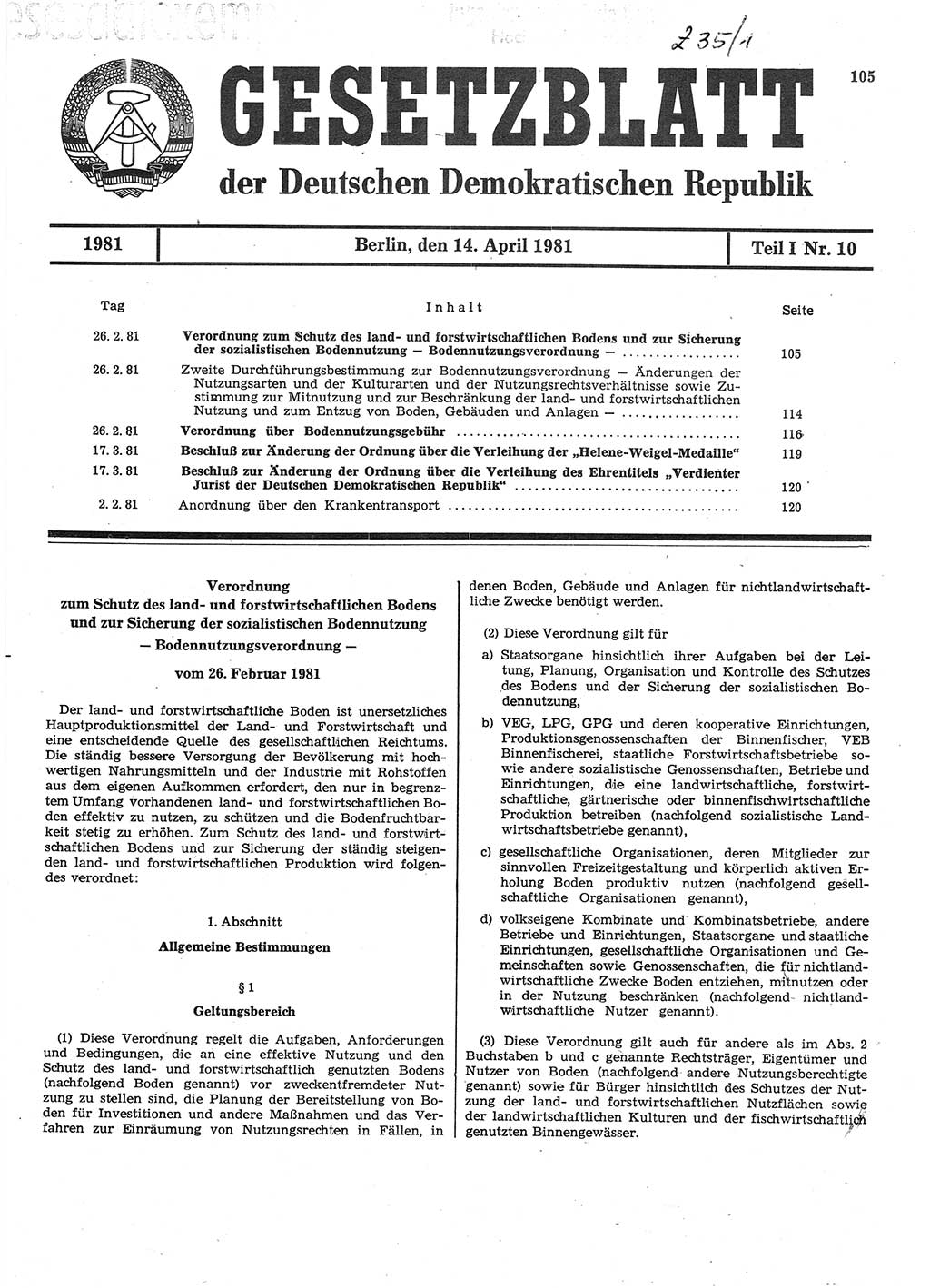 Gesetzblatt (GBl.) der Deutschen Demokratischen Republik (DDR) Teil Ⅰ 1981, Seite 105 (GBl. DDR Ⅰ 1981, S. 105)