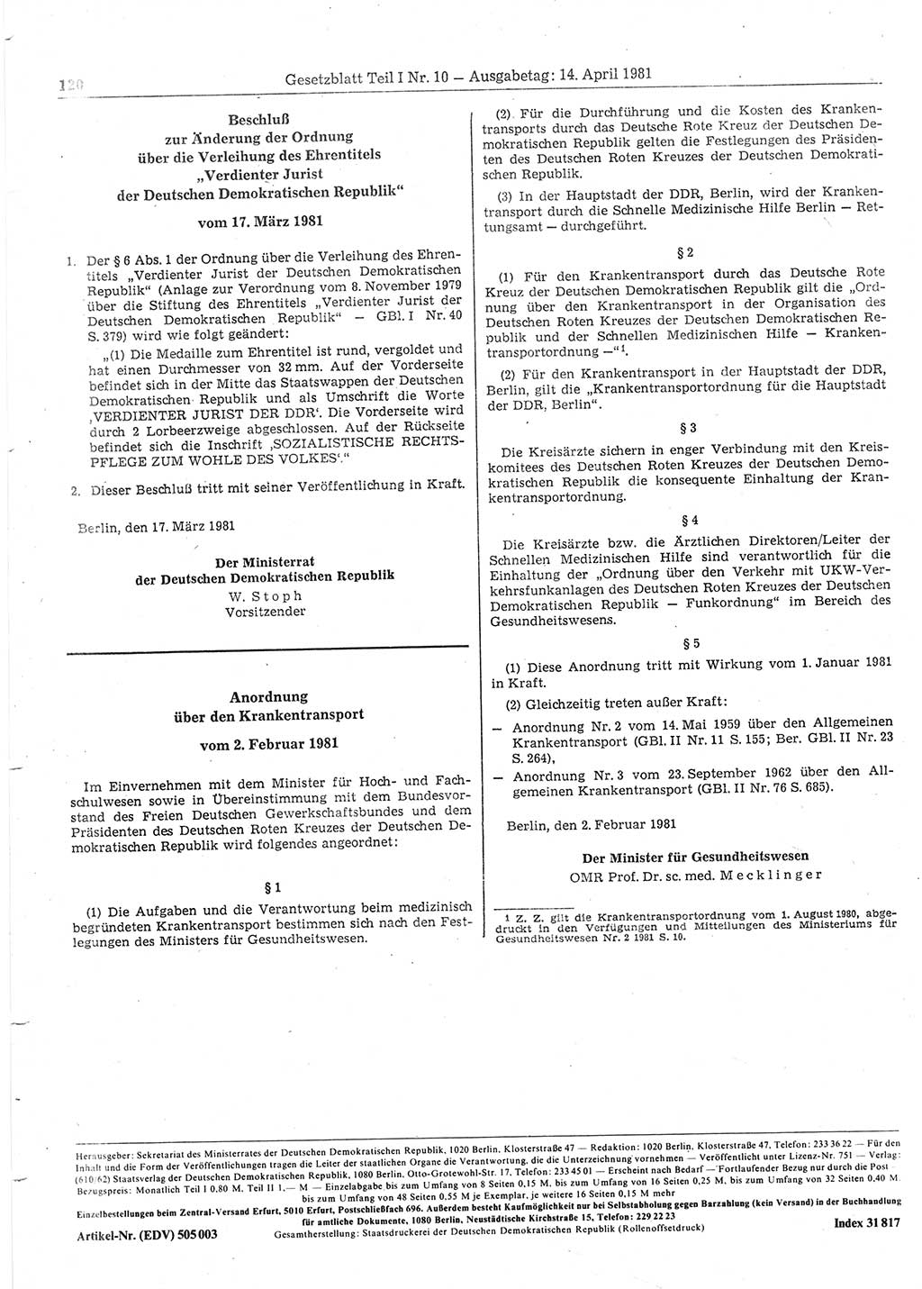 Gesetzblatt (GBl.) der Deutschen Demokratischen Republik (DDR) Teil Ⅰ 1981, Seite 120 (GBl. DDR Ⅰ 1981, S. 120)