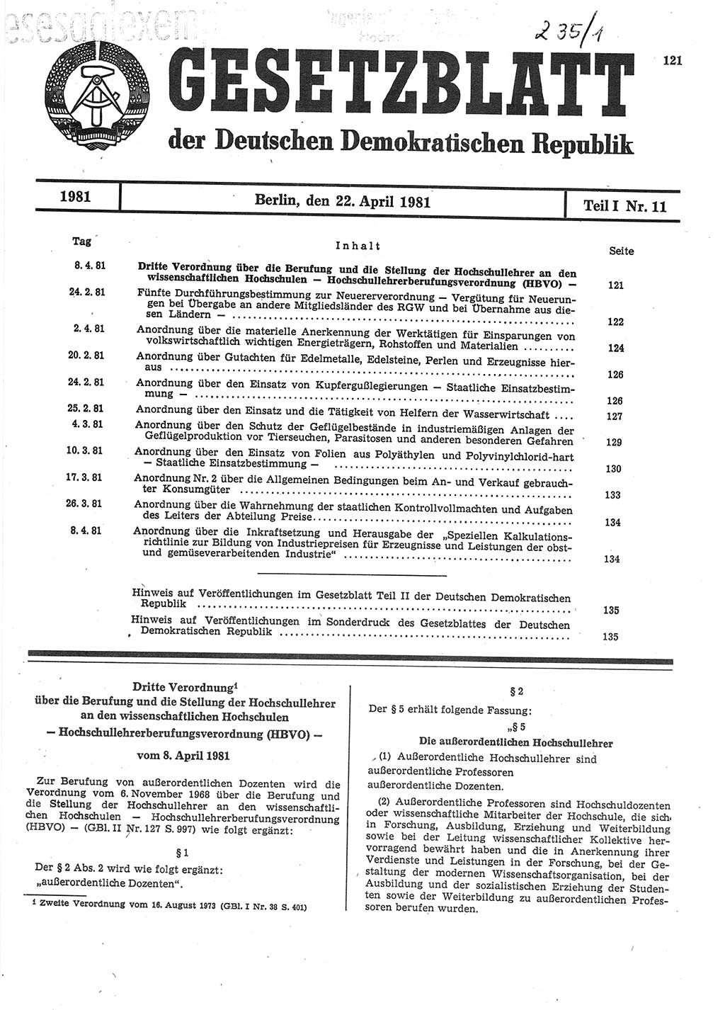 Gesetzblatt (GBl.) der Deutschen Demokratischen Republik (DDR) Teil Ⅰ 1981, Seite 121 (GBl. DDR Ⅰ 1981, S. 121)