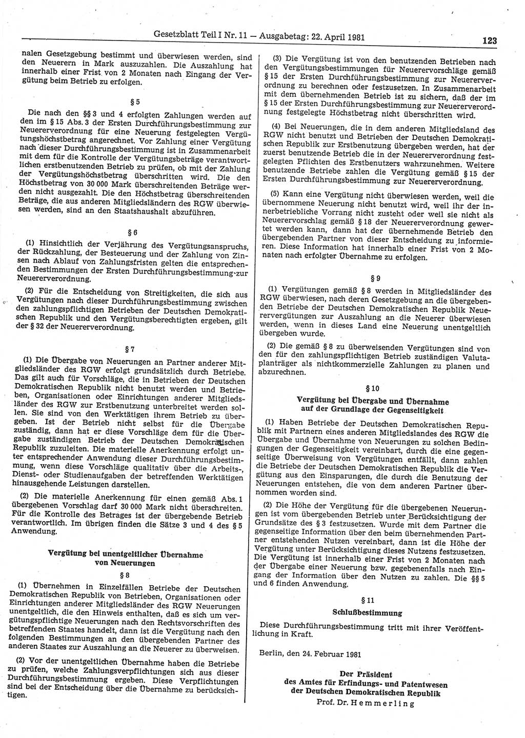 Gesetzblatt (GBl.) der Deutschen Demokratischen Republik (DDR) Teil Ⅰ 1981, Seite 123 (GBl. DDR Ⅰ 1981, S. 123)