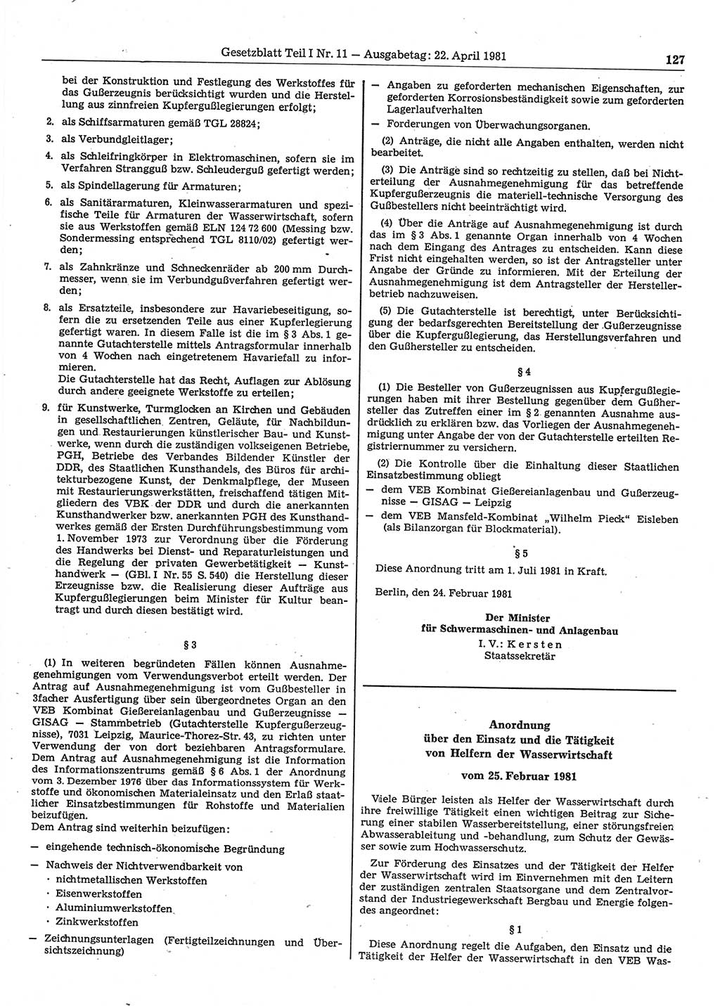 Gesetzblatt (GBl.) der Deutschen Demokratischen Republik (DDR) Teil Ⅰ 1981, Seite 127 (GBl. DDR Ⅰ 1981, S. 127)