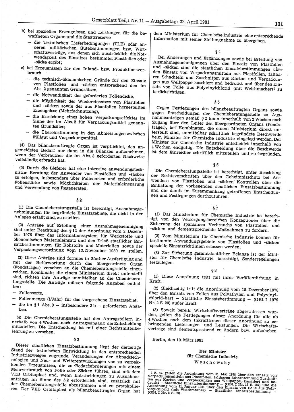 Gesetzblatt (GBl.) der Deutschen Demokratischen Republik (DDR) Teil Ⅰ 1981, Seite 131 (GBl. DDR Ⅰ 1981, S. 131)