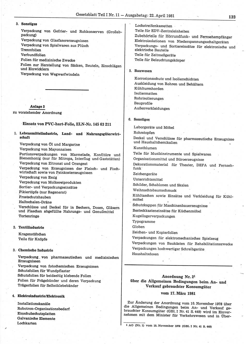 Gesetzblatt (GBl.) der Deutschen Demokratischen Republik (DDR) Teil Ⅰ 1981, Seite 133 (GBl. DDR Ⅰ 1981, S. 133)