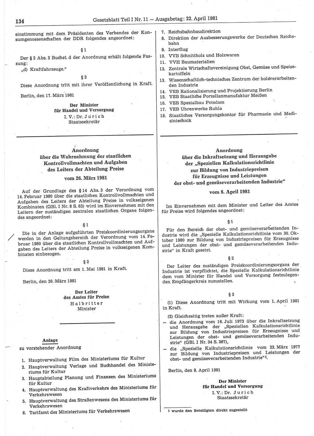 Gesetzblatt (GBl.) der Deutschen Demokratischen Republik (DDR) Teil Ⅰ 1981, Seite 134 (GBl. DDR Ⅰ 1981, S. 134)