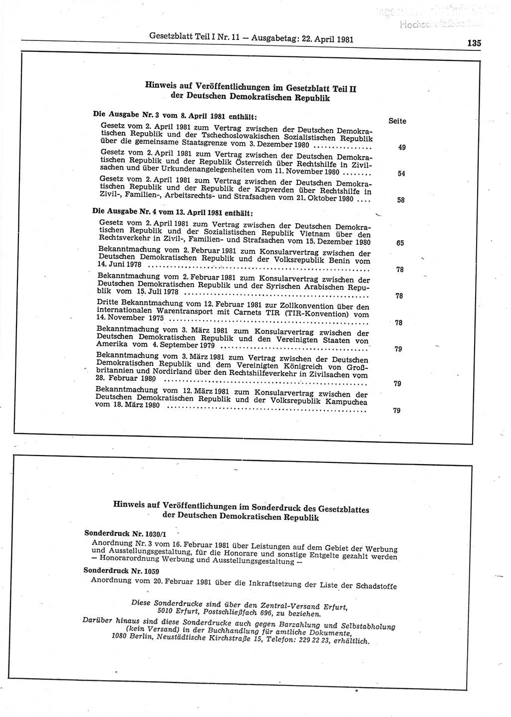Gesetzblatt (GBl.) der Deutschen Demokratischen Republik (DDR) Teil Ⅰ 1981, Seite 135 (GBl. DDR Ⅰ 1981, S. 135)