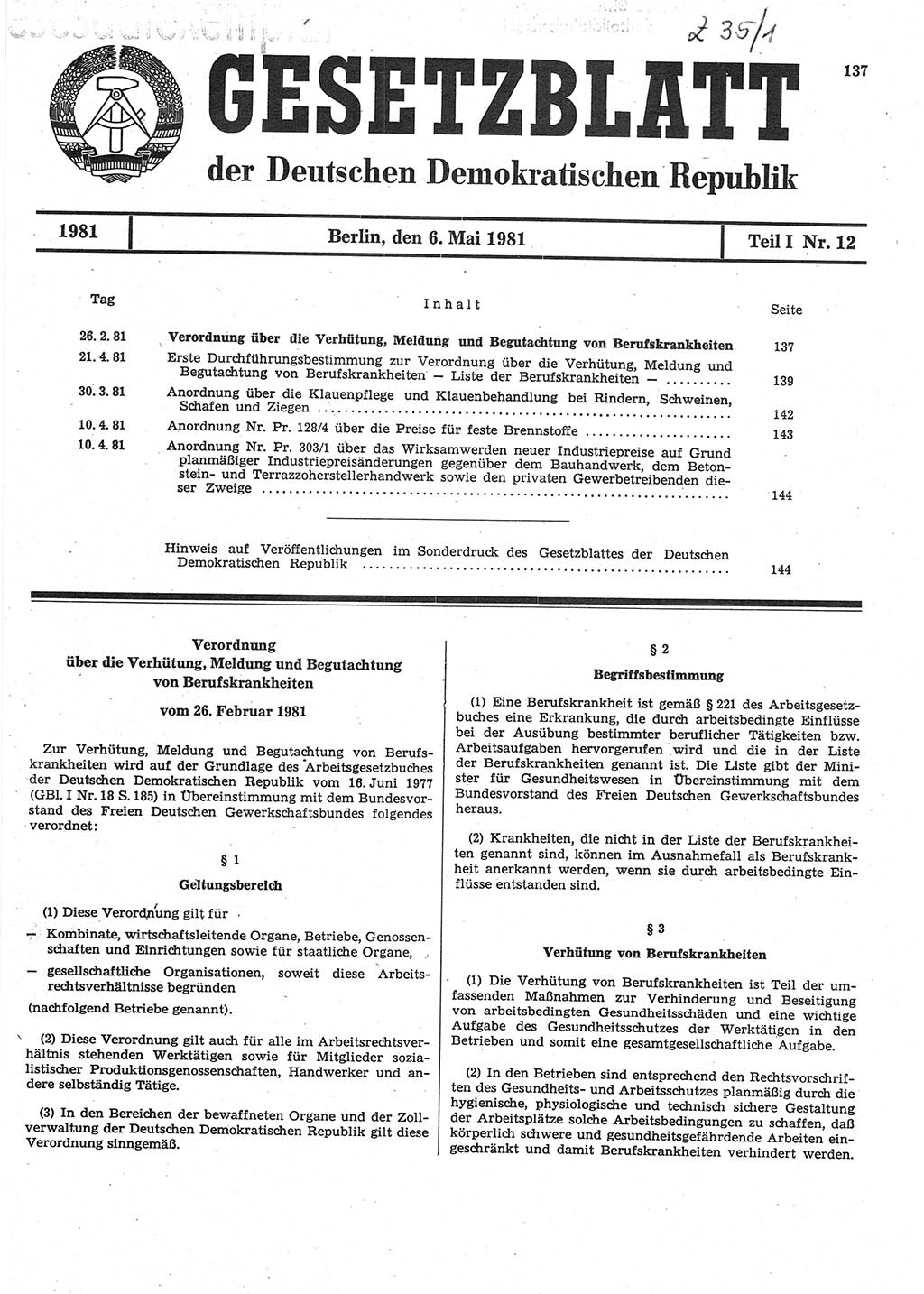 Gesetzblatt (GBl.) der Deutschen Demokratischen Republik (DDR) Teil Ⅰ 1981, Seite 137 (GBl. DDR Ⅰ 1981, S. 137)