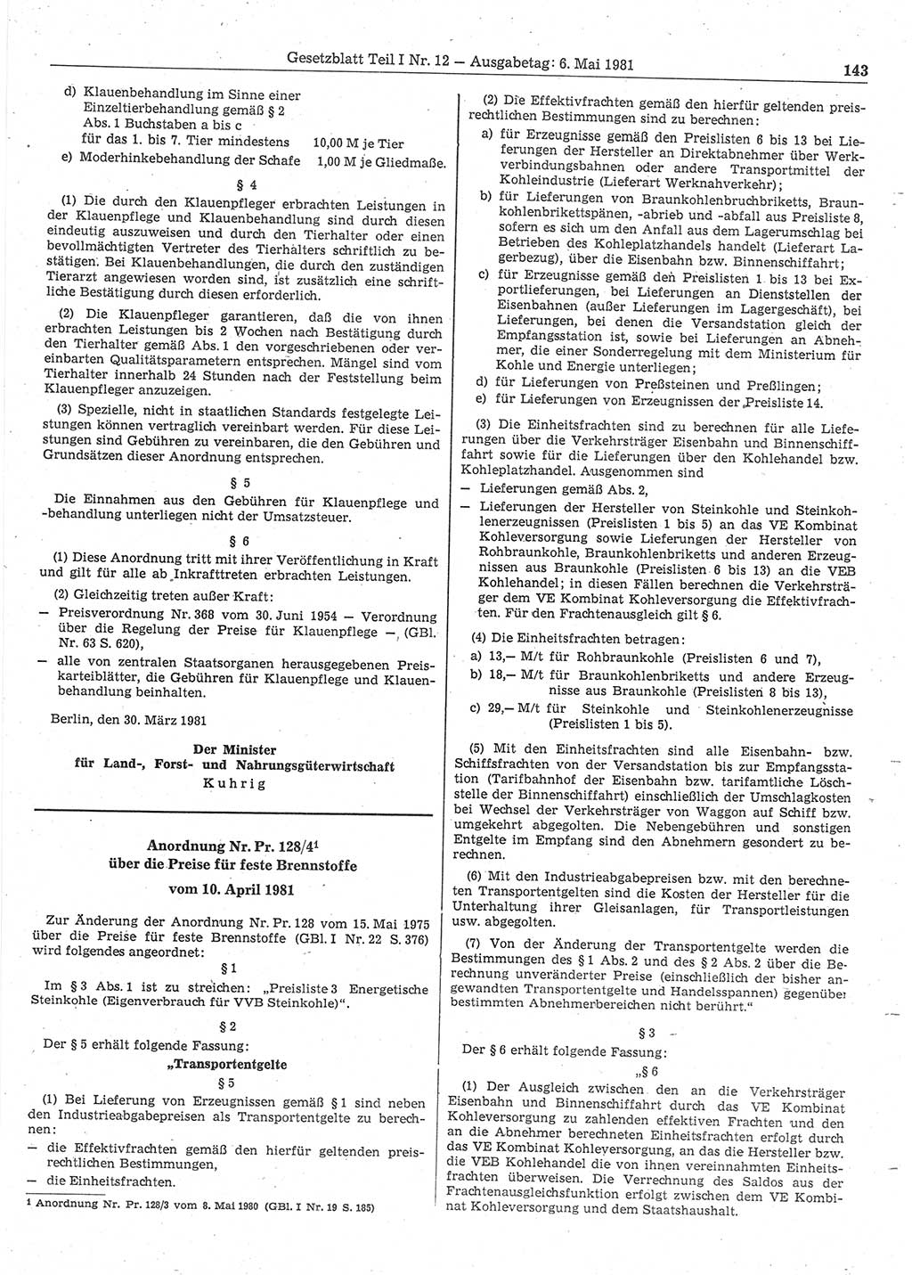 Gesetzblatt (GBl.) der Deutschen Demokratischen Republik (DDR) Teil Ⅰ 1981, Seite 143 (GBl. DDR Ⅰ 1981, S. 143)
