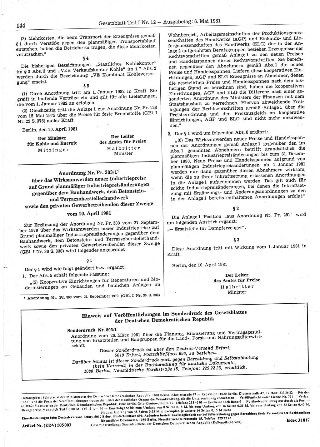 Gesetzblatt (GBl.) der Deutschen Demokratischen Republik (DDR) Teil Ⅰ 1981, Seite 144 (GBl. DDR Ⅰ 1981, S. 144)