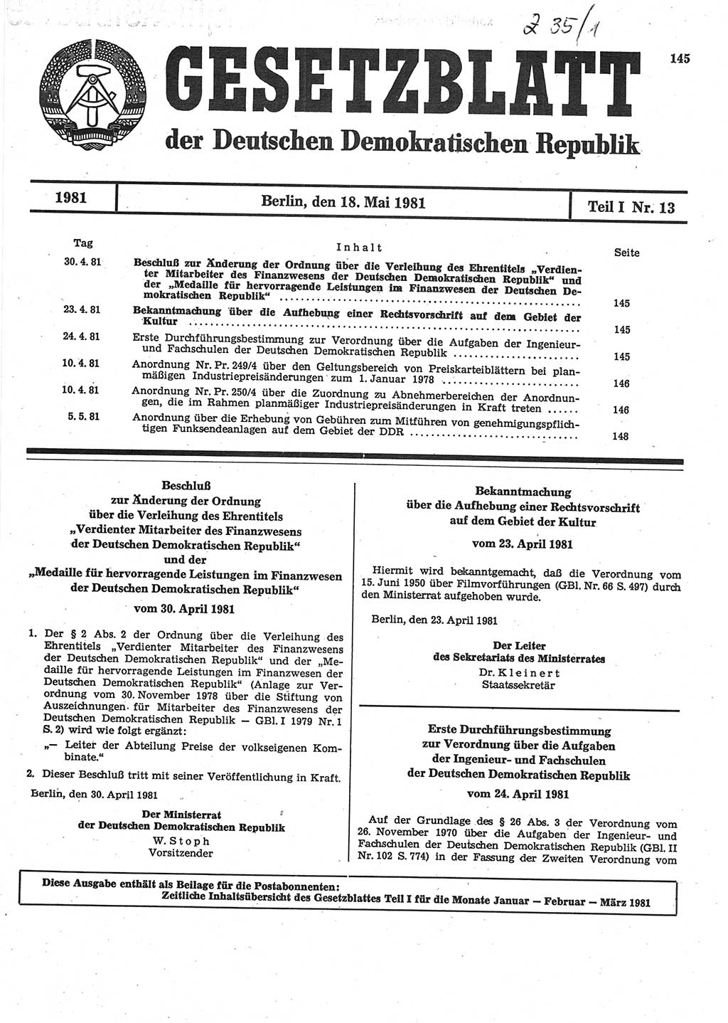 Gesetzblatt (GBl.) der Deutschen Demokratischen Republik (DDR) Teil Ⅰ 1981, Seite 145 (GBl. DDR Ⅰ 1981, S. 145)