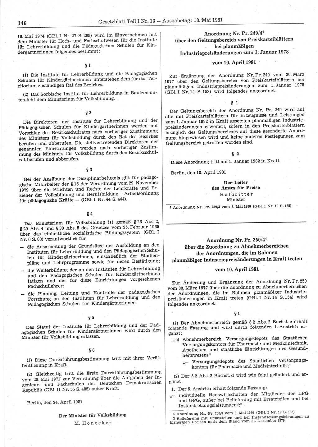 Gesetzblatt (GBl.) der Deutschen Demokratischen Republik (DDR) Teil Ⅰ 1981, Seite 146 (GBl. DDR Ⅰ 1981, S. 146)